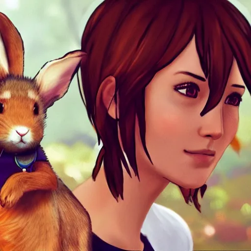 Image similar to max caulfield from the video game Life Is strange holding a rabbit