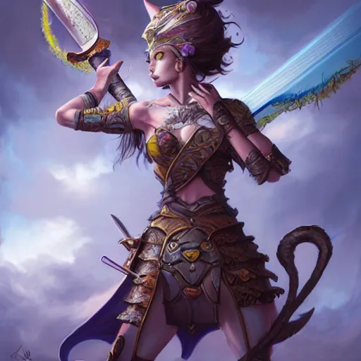 Image similar to anthropomorphic calico cat warrior wielding a sword, highly detailed matte fantasy painting, stormy lighting, by ross tran, by artgerm, by lisa frank, by brom, by peter mohrbacher