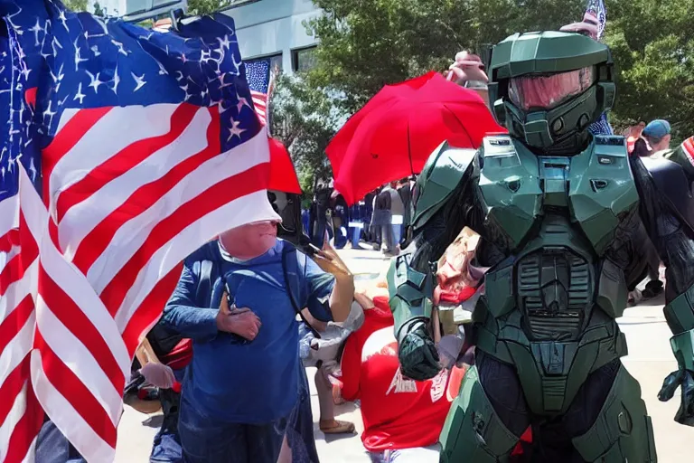 Image similar to master chief at a maga rally