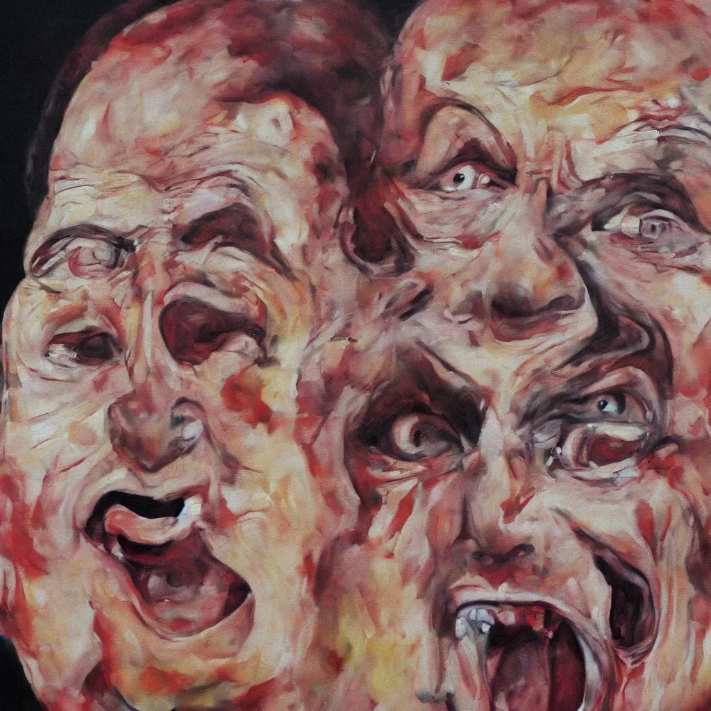 Prompt: oil painting of evil vladimir putin, screaming eyes wide shot art by francis bacon