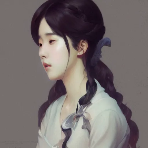 Image similar to IU, Korean Idol, Korean Artist, highly detailed, digital painting, artstation, concept art, smooth, sharp focus, illustration, ArtStation, art by greg rutkowski and alphonse mucha