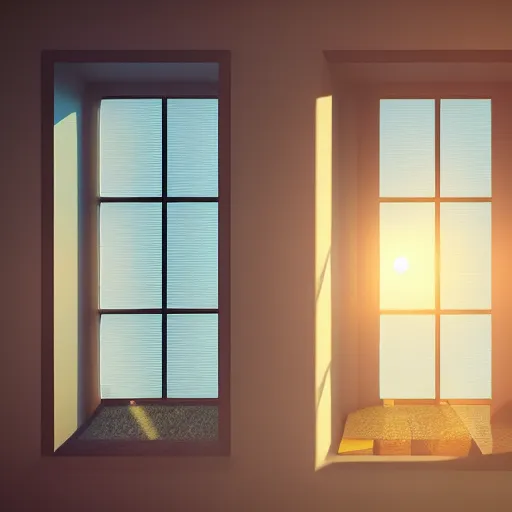 Image similar to rays of the sun shining through the window. very beautiful, warm shiny colors, octane render