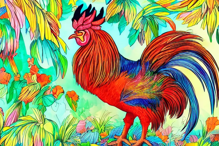 Prompt: illustration of a rooster with feathers of many colors, by feifei ruan, lively colors, portrait, sharp focus, colored feathers, jungle