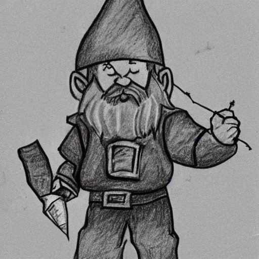 Prompt: poorly drawn pencil sketch of a gnome dressed in leather holding a slingshot and with a determined look.