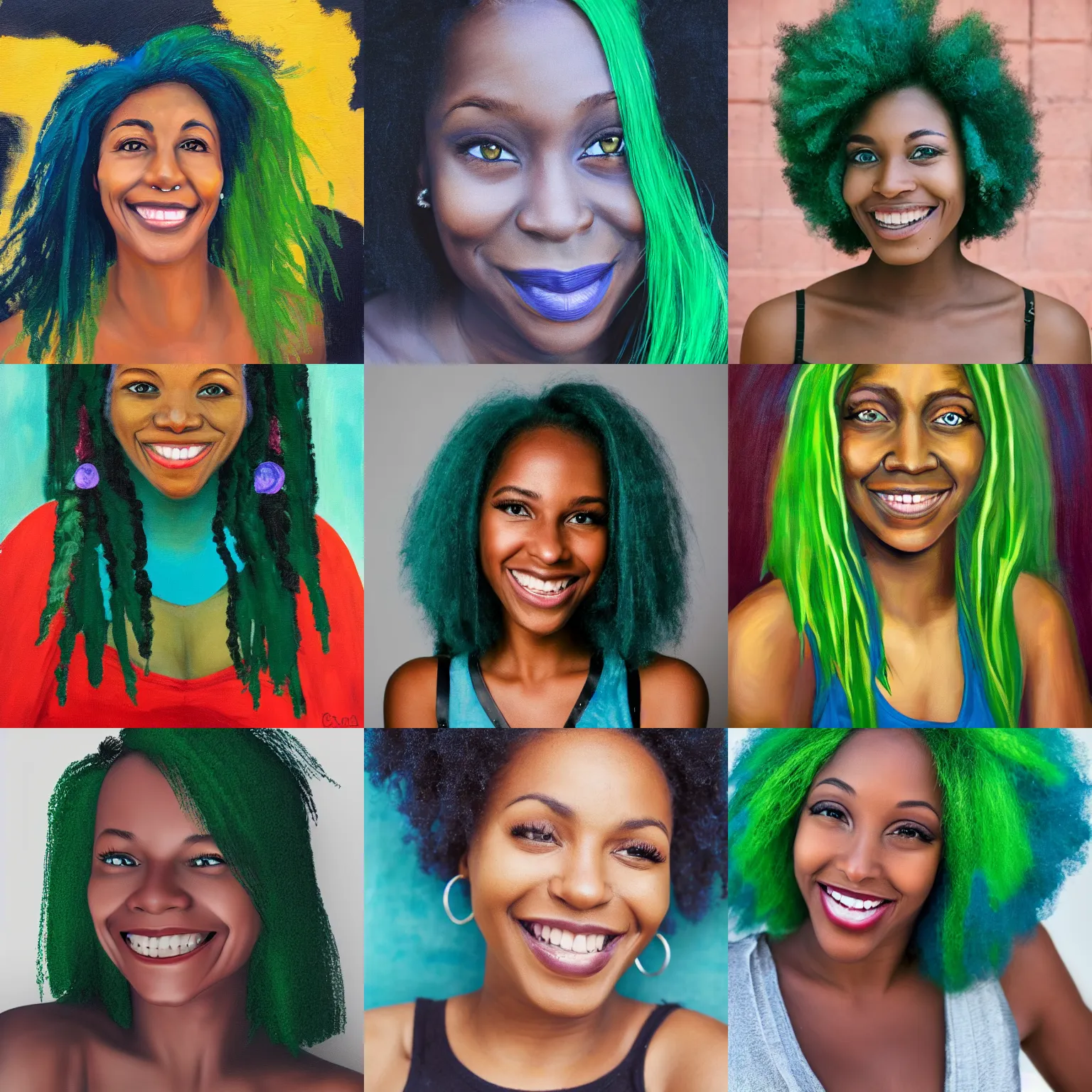 Prompt: photo of a single black woman with green eyes and blue hair smiling, portrait, realistic, photograph, oil painting