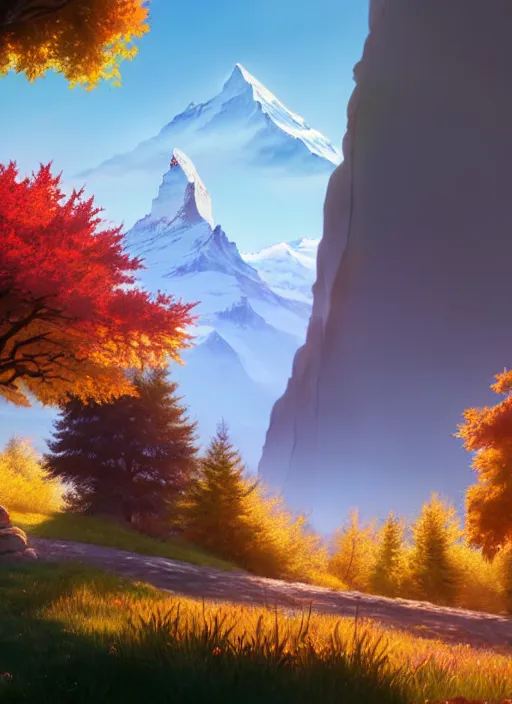 Image similar to a wholesome animation key shot, castle in the middle, swiss alps ( matterhorn ) in the background, autumn foliage in the foreground, studio ghibli, pixar and disney animation, sharp, rendered in unreal engine 5, anime key art by greg rutkowski, bloom, dramatic lighting