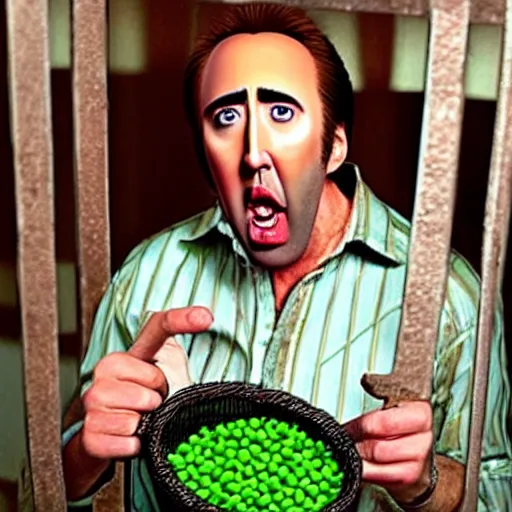 Image similar to nicolas cage trapped in a wicker cage upset with a mouth full of peas