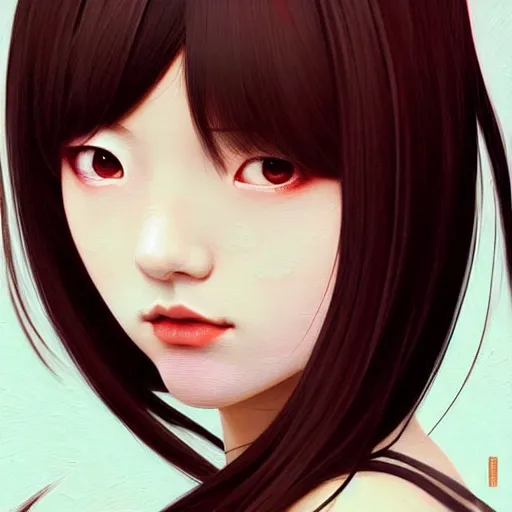 Prompt: a beautiful japanese girl with long black hair and bangs, red eyes, fantasy, portrait, sharp focus, intricate, elegant, digital painting, artstation, matte, highly detailed, concept art, illustration, ambient lighting, art by ilya kuvshinov, artgerm, Alphonse mucha, and Greg Rutkowski