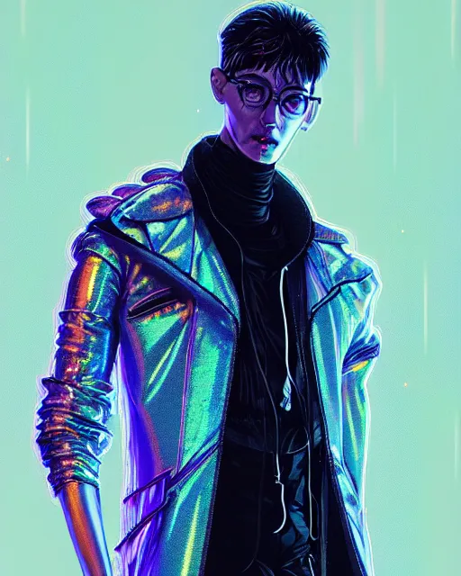 Image similar to detailed portrait of European Professional Fashion Operator Guy Sheen Holographic Jacket coat, Futuristic sci-fi fashion, royal attire Akira, Evangelion, cyberpunk, neotokyo, synthwave, aesthetics, futuristic, bladerunner movie scene by ismail inceoglu dragan bibin hans thoma greg rutkowski Alexandros Pyromallis Nekro Rene Margitte illustrated Perfect face, fine details, realistic shaded, fine-face, pretty face sharp chine