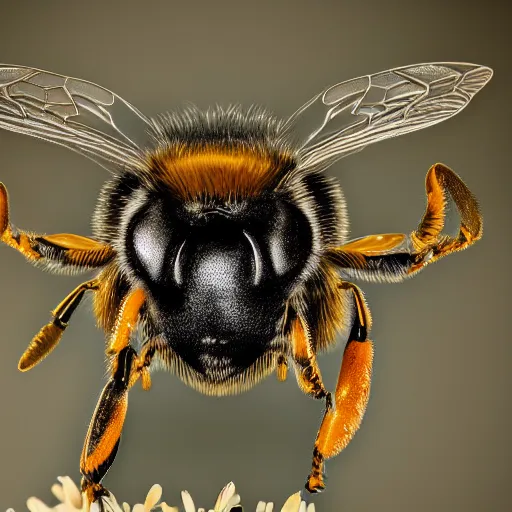 Image similar to an extreme close - up symmetrical portrait of a bee on a flower, photographic filter, unreal engine 5, realistic, hyperdetailed, 8 k, cinematic, volumetric lighting, very realistic effect, hd, hdr, 4 k, sharp focus, octane render, ultra detailed, high resolution, trending on artstation in the style of albert dros glowing rich colors powerful imagery