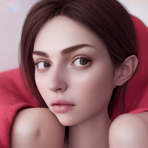 Image similar to 3 d render of a cute thin young woman, red blush, wearing casual clothes, small smile, relaxing on a couch, cozy under a blanket, cozy living room, close up shot, 8 k, octane render, trending on artstation, art by artgerm and irakli nadar, unreal engine 5, hyperrealism, hyperdetailed, ultra realistic