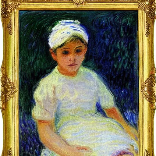 Image similar to a girl with a white headkerchief sitting alone on a birthday table looking sad by monet