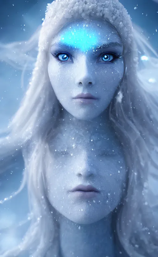 Prompt: ice goddess with beautiful face with a glowing blue crystal on her forehead, frosty white eyes, winter mist around her, white plated armor, pale skin, white smoke, photorealism, octane render, frostbite, 8 k, cinematic, 3 5 mm