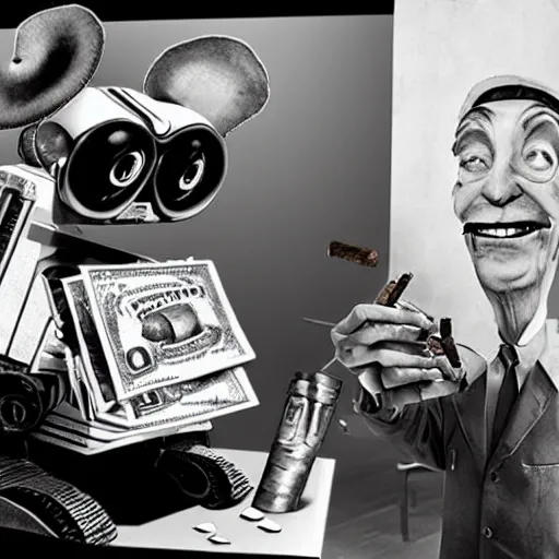 Prompt: Wall-e and Salvador Dali smoking cigars and counting money