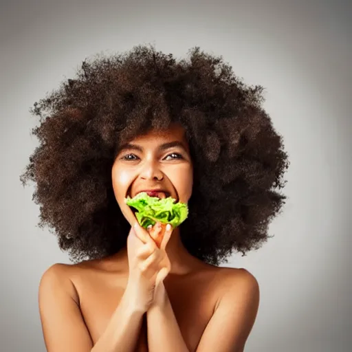 Image similar to happy woman eating salad, stock photograph, studio lighting, 4k, beautiful symmetric face, beautiful gazing eyes