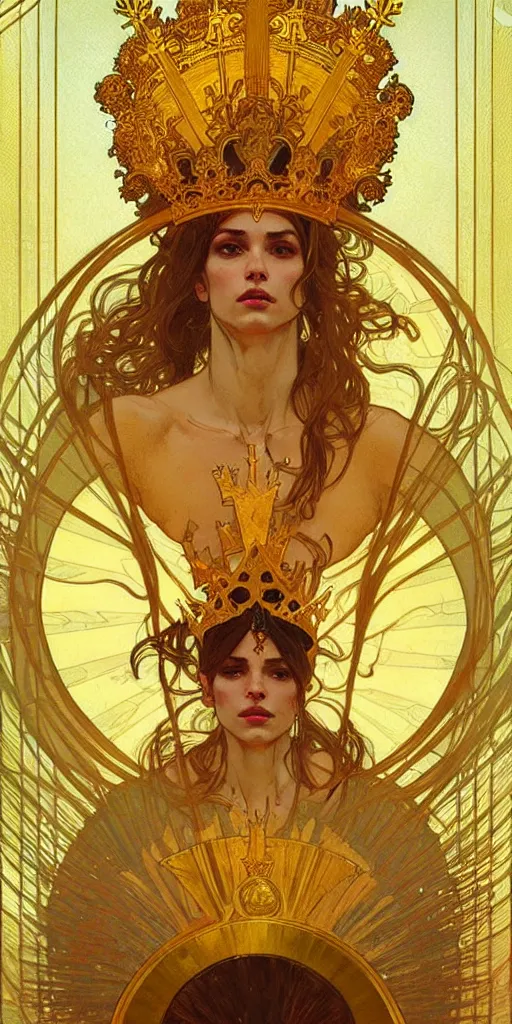 Prompt: a god wearing golden clothes and golden crown, amazing, tarot art, painting by greg rutkowski and alphonse mucha