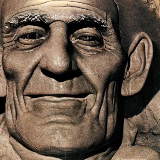 Image similar to old color postcard : abe vigoda's face carved into a mountainside, 6 0 0 feet tall.