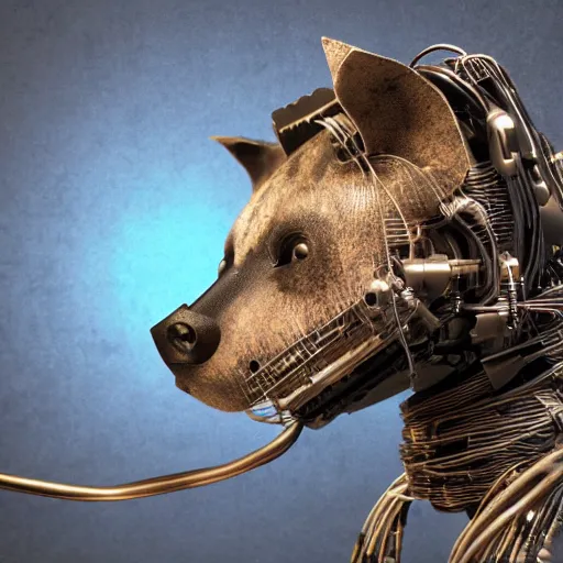 Prompt: robotic cyberpunk hyena, many wires and metal exposed, realistic photo, bladerunner