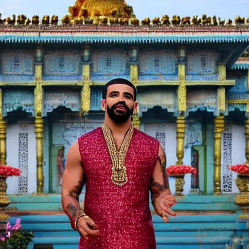 Prompt: drake, hindu temple in background, photograph