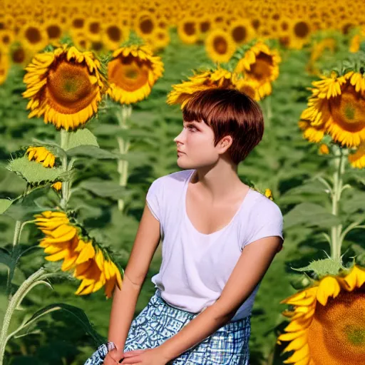 Image similar to highly detailed portrait of a young woman with pixie cut hairstyle in a field of sunflowers, sunny day, HD