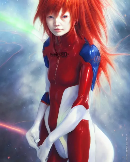 Image similar to asuka langley soryu wearing plugsuit, award winning photograph, radiant flares, realism, lens flare, intricate, various refining methods, micro macro autofocus, evil realm magic painting vibes, hyperrealistic painting by michael komarck - daniel dos santos