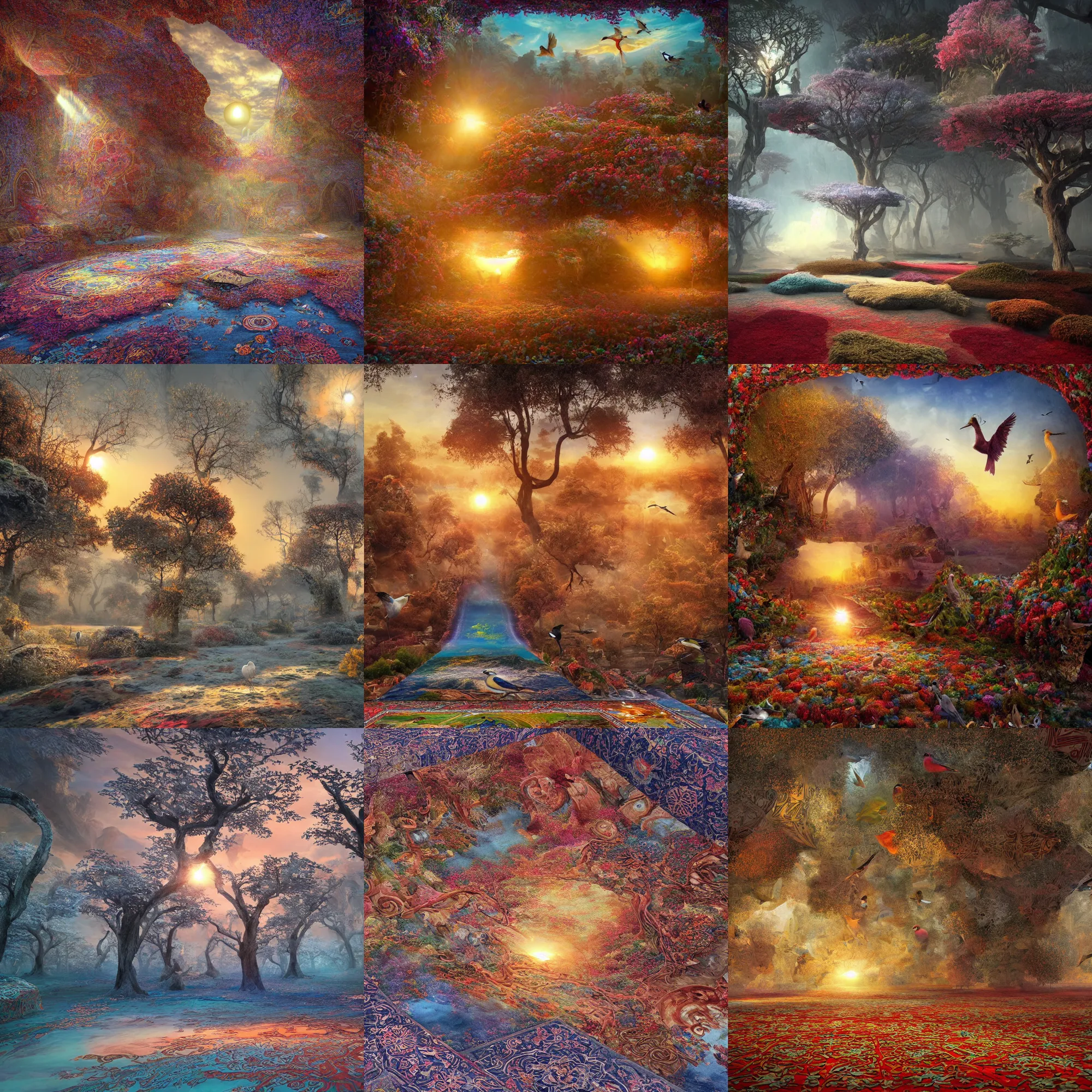 Prompt: sunrise in the magic Fluffy 3d Persian Carpet dimension, everything is carpet and 3d, birds and trees, surreal, photorealistic concept art, immense detail, epic, striking