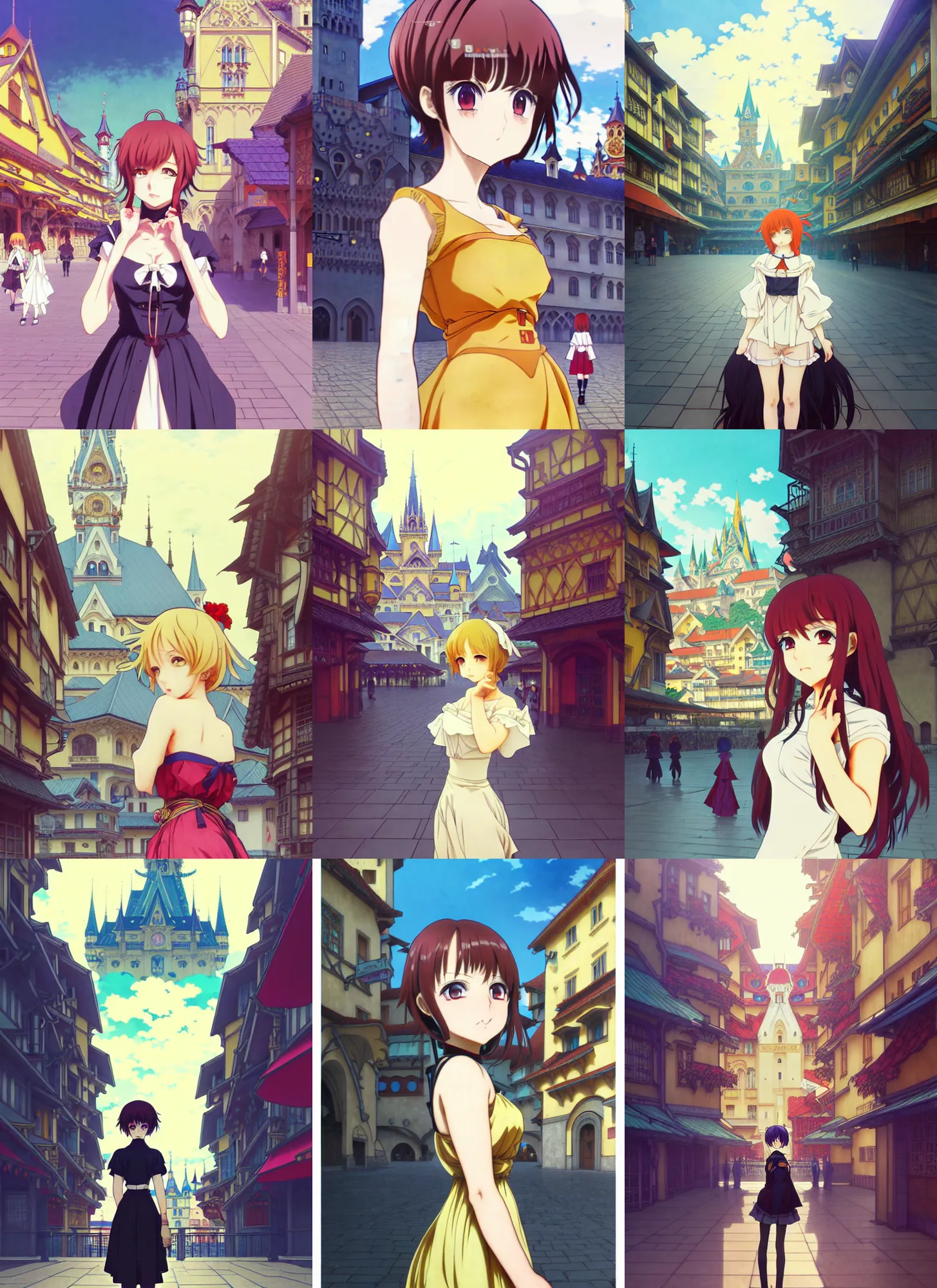 Prompt: anime frames, anime visual, full body portrait of a young woman in the medieval city square looking at the fantasy palace in the distance, cute face by ilya kuvshinov, alphonse mucha flat, dynamic pose, dynamic perspective, rounded eyes, moody, psycho pass, kyoani, klimt, yoh yoshinari