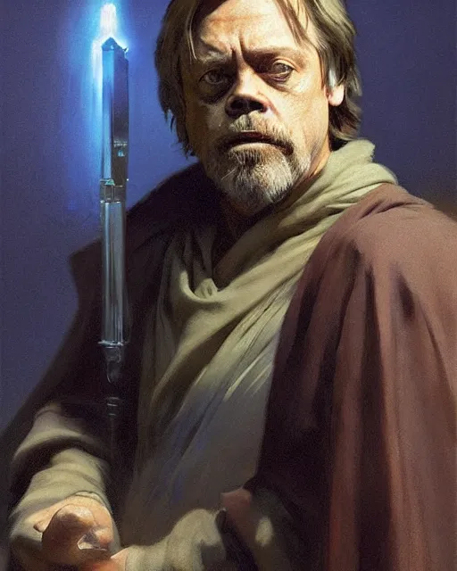 Image similar to mark hamill as a grizzled emanciated drunk jedi knight. fantasy science fiction art by greg rutkowski, gustave courbet, rosa bonheur, edward hopper. faithfully depicted facial expression, perfect anatomy, sharp focus, global illumination, radiant light, detailed and intricate environment, trending on artstation