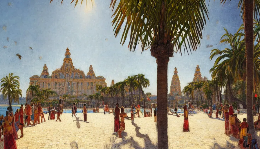 Image similar to a ultradetailed beautiful painting of the megastructure amazonas palace balustrade designed by jules bastien - lepage, tarsila do amaral, frank weston and gustave baumann, beach, trending on artstation, mediterranean, palm trees, sharp focus, colorful refracted sparkles and lines, soft light, 8 k 4 k