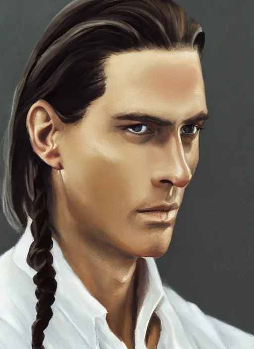 Image similar to Tarzan with long dark brown slicked back hair shoulder length slicked back hair, with pearl necklace and pearl earing, in the museum, in white turtleneck shirt, Tarzan, painting in the museum, highly detailed, sharp focus, digital painting