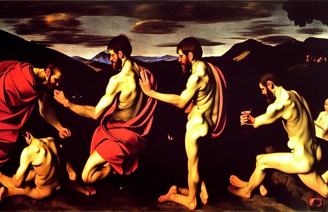 Prompt: excommunication result is a sophisticated interplay between warm, cool, light and dark colors. ( 1 9 6 2 ) directed by cinematography by kubrick reflection of the hills actually impossible jan van der heyden painting by caravaggio