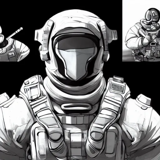 Image similar to concept art of a game character future weapon space suit Kim Jung Gi black and white