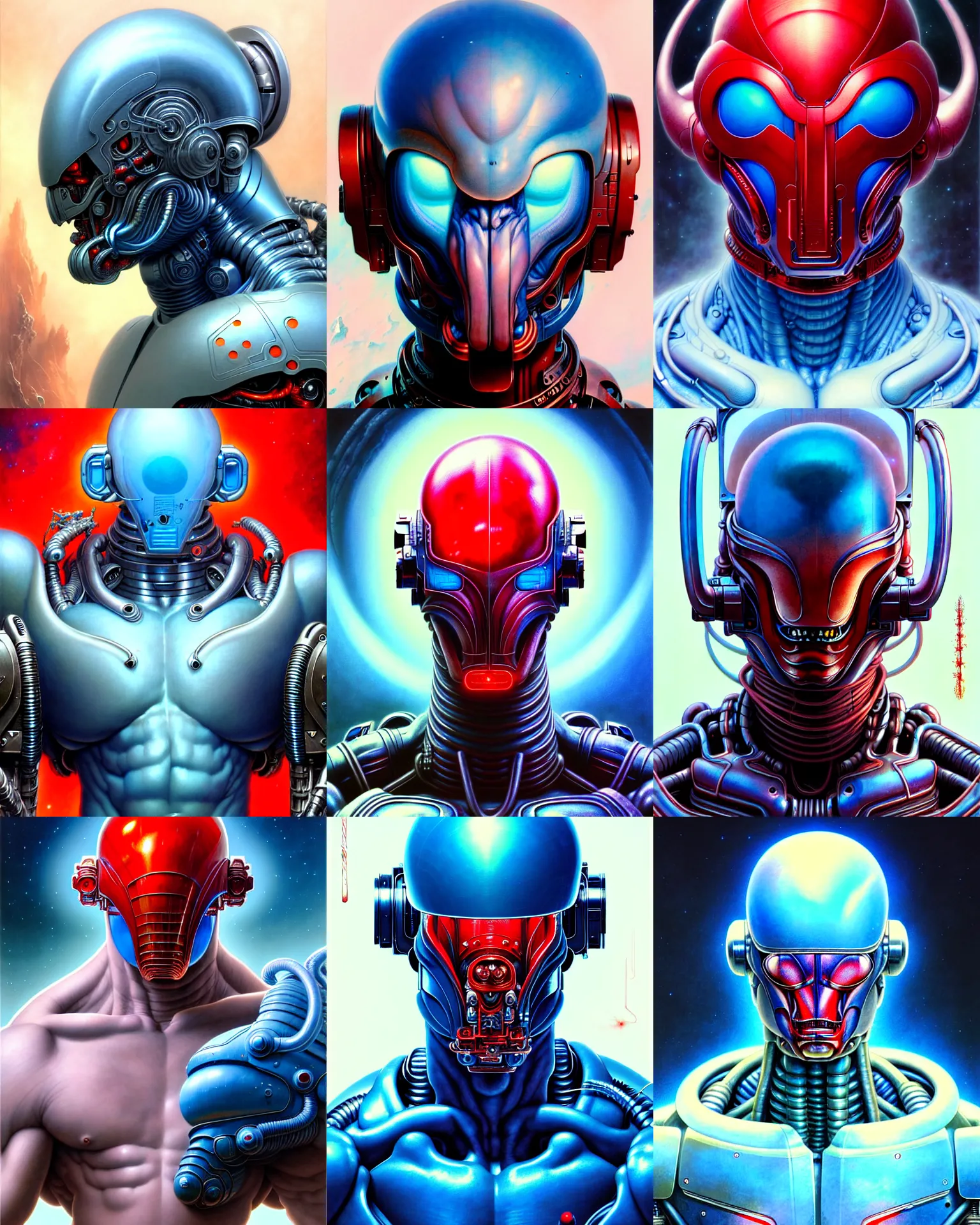 Image similar to solid thick super muscly male alien portrait, translucent red helmet, pale blue skin, ultra realistic, intricate details, looper artifacts, half cyborg, highly detailed by peter mohrbacher, allen williams, hajime sorayama, wayne barlowe, boris vallejo, aaron horkey, gaston bussiere,