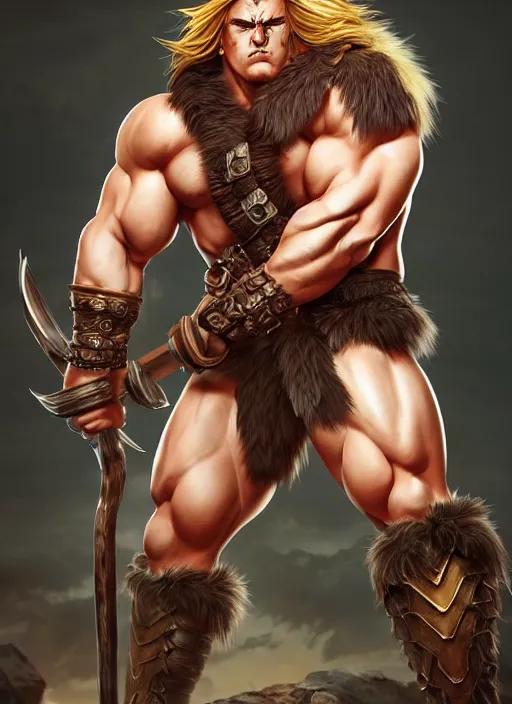 Prompt: barbarian, jackson wang, fierce, big muscles, large muscular chest, fur leather armor!!! handsome golden hair male!! character concept art, sharp focus, octane render! unreal engine 5! highly rendered!! trending on artstation!! detailed linework!! illustration by artgerm, wlop, and chie yoshii