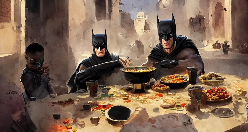 Image similar to Batman eat tajine in fez morrocco, digital art,ultra realistic,ultra detailed,art by greg rutkowski