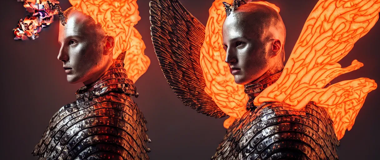 Prompt: hyperrealist highly detailed english medieval portrait of high fashion archangel wearing flame fire smoke flame armor, radiating atomic neon corals, veiny network growth with ghostly ghost translucent ghost armor, concept art pascal blanche dramatic studio lighting 8k wide angle shallow depth of field