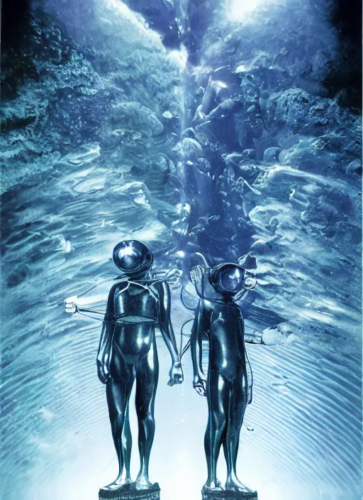 Prompt: divers astronauts in dark and empty void underwater - complex and hyperdetailed technical suit. reflection and dispersion materials. rays and dispersion of light. volumetric light. 5 0 mm, f / 3 2. noise film photo. flash photography. ultra realistic, wide angle. poster by wayne barlowe, hajime sorayama aaron horkey, craig mullins