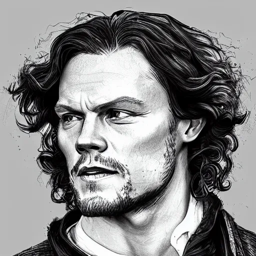 Image similar to Sam Heughan as Jamie Fraser, caricature portrait exaggerated by Sebastian Krüger and Bruno Tesse trending on artstation, hyperdetailed, perfect composition. Scotland background