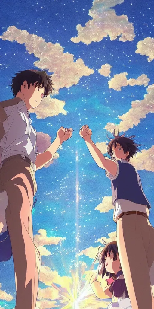 Image similar to a man and a woman holding hands under a beautiful sun drawn like the anime Your Name anime, intricate, psychedelic,