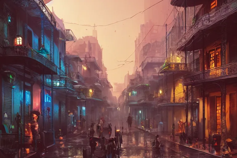 Prompt: a beautiful digital matte painting of futuristic cyberpunk french quarter, new orleans, by eddie mendoza and david lozeau and raphael lacoste and laurie greasley, 8 k, detailed, artstation,