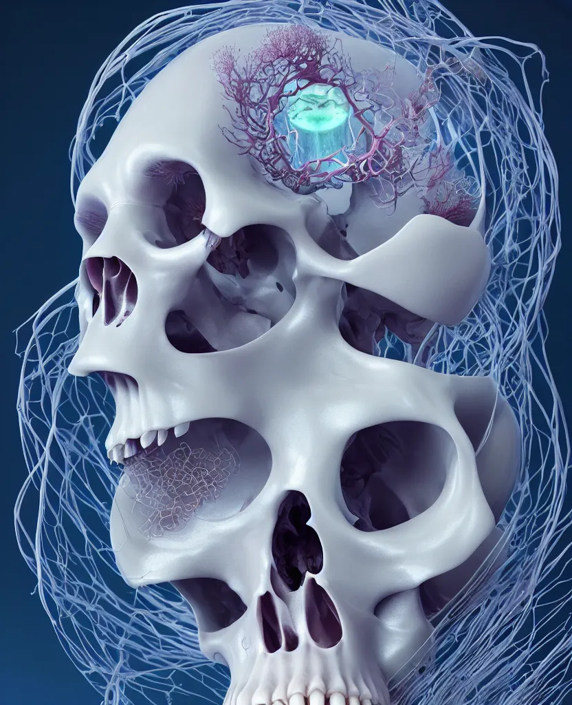 Image similar to absolute symmetry!! goddess close - up portrait human skeleton, ram skull, squid phoenix jellyfish, orchid, betta fish, bioluminiscent, intricate artwork by tooth wu and wlop and beeple. octane render, trending on artstation, greg rutkowski very coherent symmetrical artwork. cinematic, hyper realism, high detail, octane render, 8 k