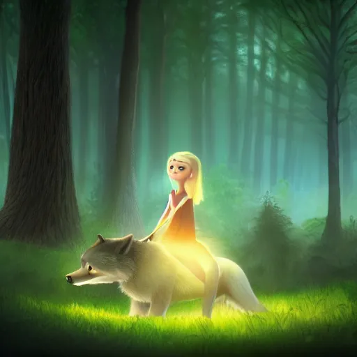 Image similar to medium shot young girl, blond hair green eyes, astride a gray wolf, in a dark forest, mysterious, backlit, beautiful still from a pixar dreamworks movie, trending on artstation