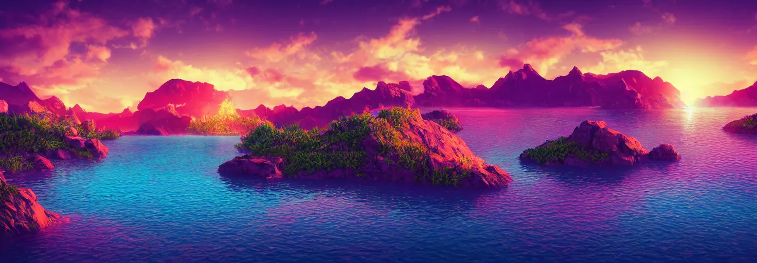 Image similar to super detailed color art, a sinthwave northern sunset with rocks on front, lake in the middle of perspective and mountains at background, unreal engine, retrowave color palette, 3d render, lowpoly, colorful, digital art