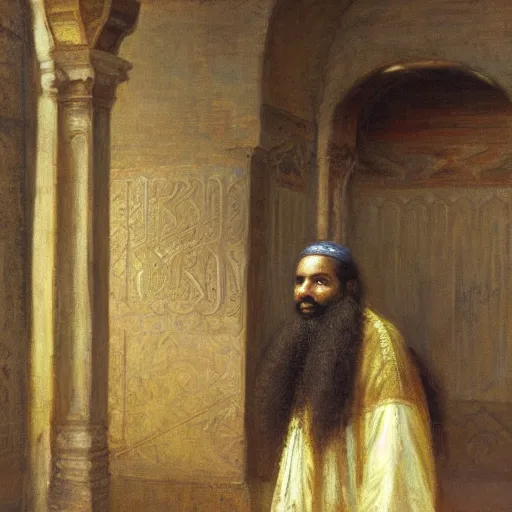 Prompt: a man with somali facial features, long curly hair, on a simple background, inside a masjid, by frederick arthur bridgman