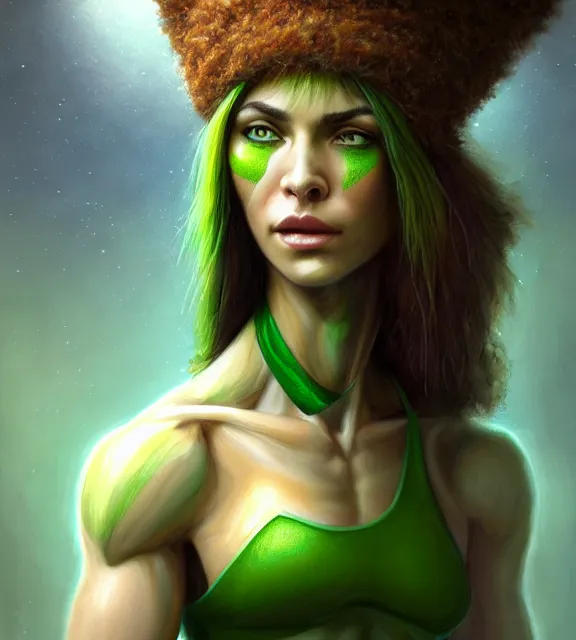 Prompt: anthropomorphic muscular female tree, perfect face, green hat, brown halter top, green hair, abs, cinematic, blush, stunning, athletic, strong, agile, highly detailed, psychedelic, digital painting, artstation, smooth, hard focus, illustration, art by jessica rossier and and brian froud