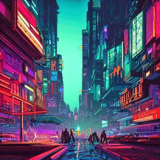 Prompt: digital painting of a cyberpunk city by Dan Mumford, trending on Artstation, hyperdetailed