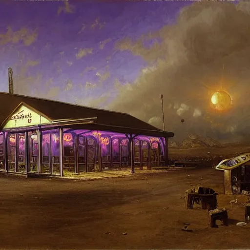 Prompt: painting of hr giger artlilery scifi organic shaped gas station with ornate metal work lands on a farm, fossil ornaments, volumetric lights, purple sun, andreas achenbach