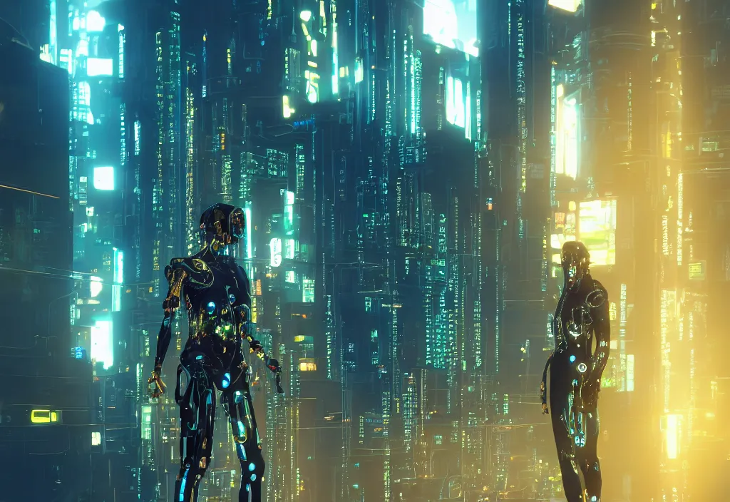 Image similar to shot of film by cyberpunk syle, human like a cyborg hyperrealistic full figure in detailed data center, character design, symmetrical, vivid color, complementary color, golden ratio, detailed, sharp lines, trending on artstation, volumetric lighting, by yoichi hatakenaka, by masamune shirow, by josan gonzales, octane render