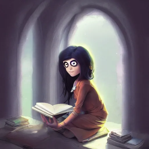 Image similar to a pixar girl reading a book, long hair flowing down, symmetrical, style of by Jordan Grimmer and greg rutkowski, crisp lines and color,