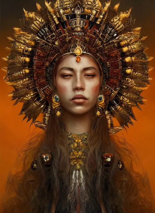 Image similar to Aztec sun goddess, fantasy, bangles, explosion, dramatic, intricate, elegant, highly detailed, digital painting, artstation, concept art, smooth, sharp focus, illustration, art by Hieronomous Bosch, octane render, art by Leesha Hannigan, Ross Tran, Thierry Doizon, Kai Carpenter, Ignacio Fernández Ríos